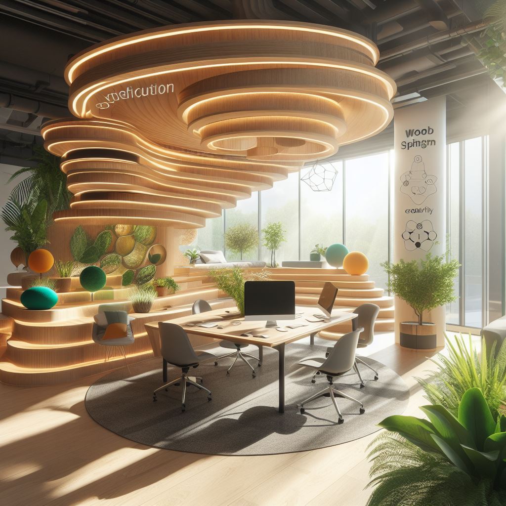 Bu fotoğraf, eşsiz bir ahşap tavan tasarımı ve yeşilliklere sahip modern bir ofis alanını gösteriyor. Tavan tasarımı, dalga etkisi yaratan kavisli ahşap panellerden oluşuyor. Ofis alanında, üzerinde beyaz tahta olan büyük bir ahşap masa ve sandalyeler var. Alanda, çeşitli saksı bitkileri ve ağaçlar dağılmış durumda. Alanın büyük pencereleri var ve doğal ışık alıyor. Duvarlarda da çeşitli posterler ve işaretler var. Bu fotoğraf, ofis ortamının hem doğal hem de yaratıcı olabileceğini gösteriyor.