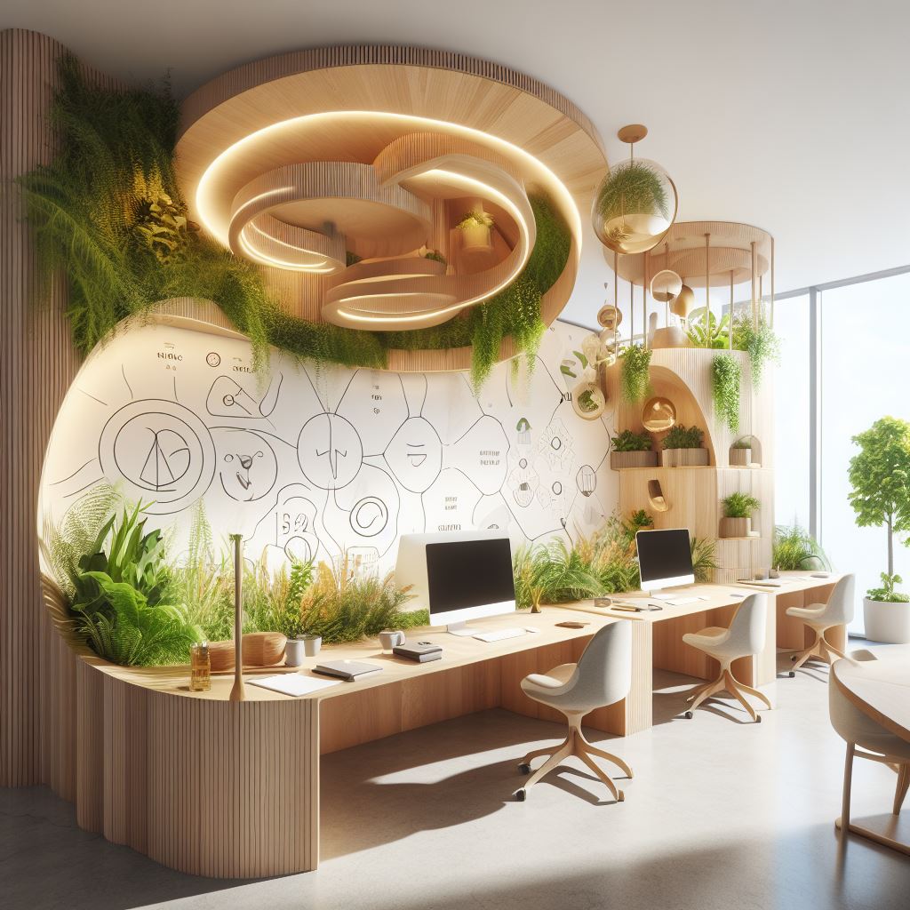 Bu fotoğraf, doğa ilhamlı bir tasarıma sahip modern bir ofis alanını gösteriyor. Ofiste, üzerinde iki bilgisayar monitörü bulunan büyük kavisli bir ahşap masa ve beyaz bir sandalye var. Masa, çeşitli bitkiler ve yeşilliklerle çevrili. Arka planda, üzerinde geometrik desenler olan büyük beyaz bir duvar var. Duvarın üzerinde, daire şeklinde büyük bir ahşap ışıklandırma asılı. Ofisin büyük bir penceresi var ve şehir manzarası görülüyor. Bu fotoğraf, ofis ortamının hem rahat hem de verimli olabileceğini gösteriyor.
