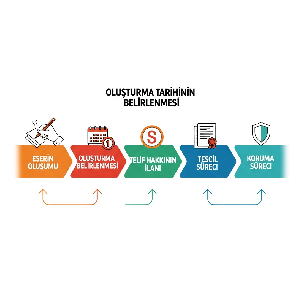 Fikir sanat ürünlerinin oluşturulmasından korunmasına kadar telif hakkı sürecini anlatan bir infografik.