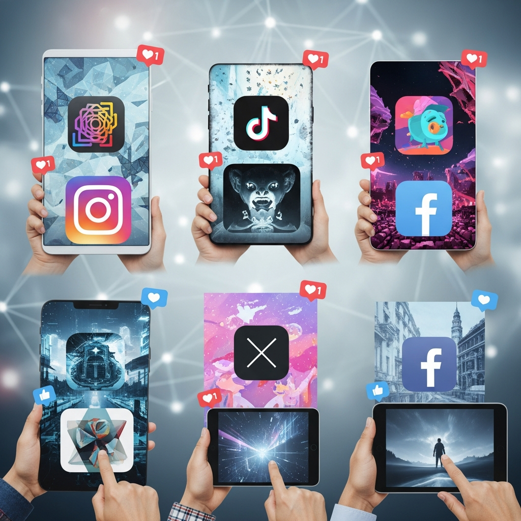 Sosyal medyada paylaşılan dijital sanat eserlerini cep telefonlarından ve tabletlerden inceleyen farklı yaş ve milletlerden insanları gösteren dinamik bir görsel.