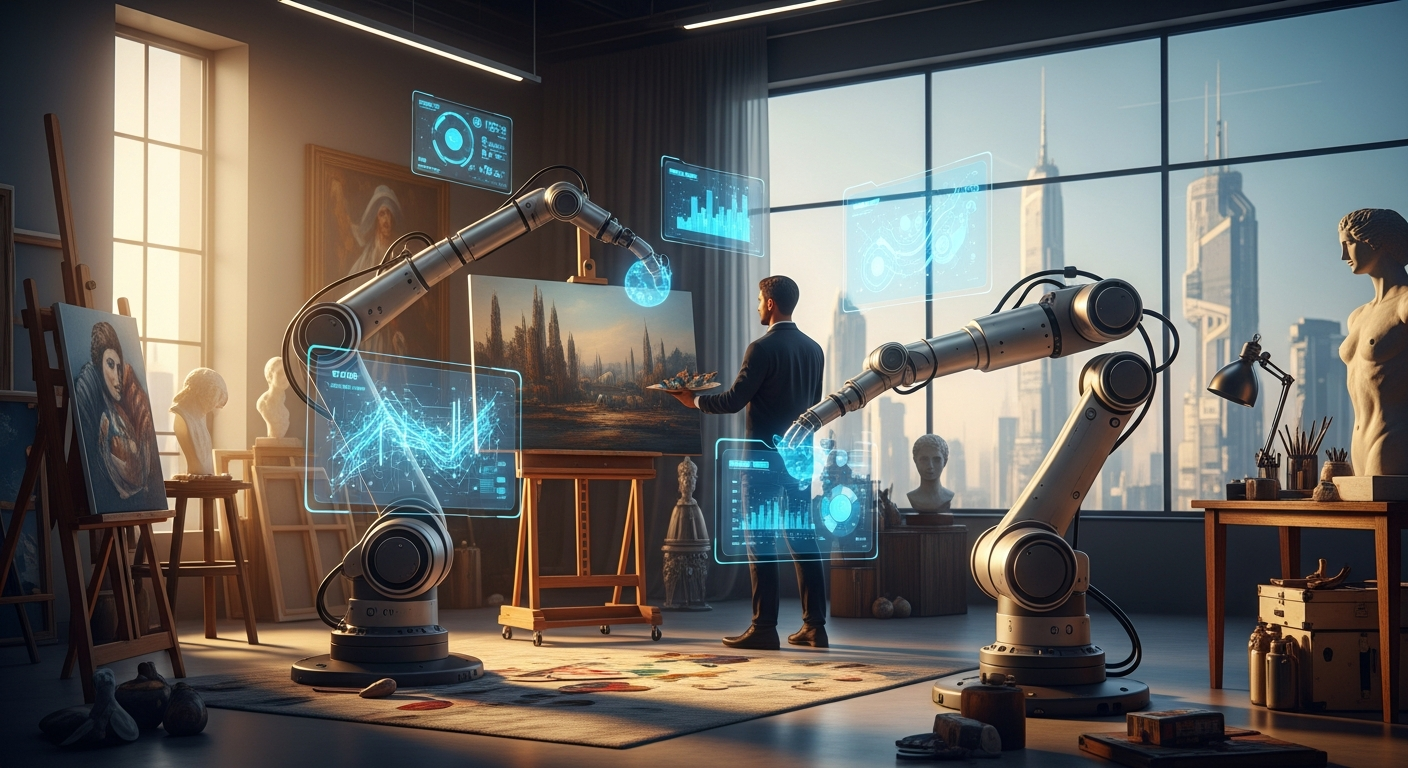 An ultra-modern artist studio where a human and a sophisticated robotic arm are co-creating a masterpiece. Floating 3D holographic interfaces displaying data patterns, mixed with traditional oil paints and sculptures. Warm natural light coming through a large glass window showing a futuristic skyline.