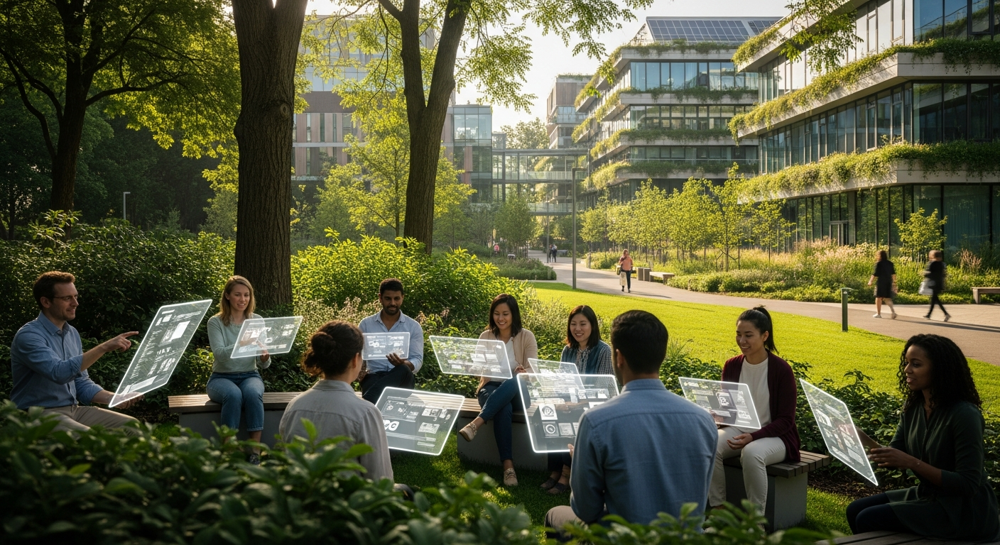 A diverse group of people from different ethnicities sitting in a lush green sustainable park, interacting with transparent floating tablet screens. In the background, a high-tech university campus integrated with nature. Soft morning sunlight, peaceful and optimistic atmosphere.