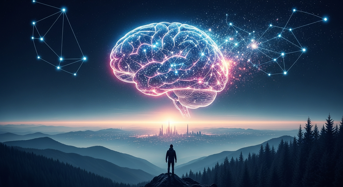 A symbolic image of a glowing human brain transforming into a network of stars and constellations. Below, a silhouette of a person standing on a mountain peak, looking at a horizon where a futuristic city and a pristine forest coexist. Ethereal, inspiring, vibrant colors.