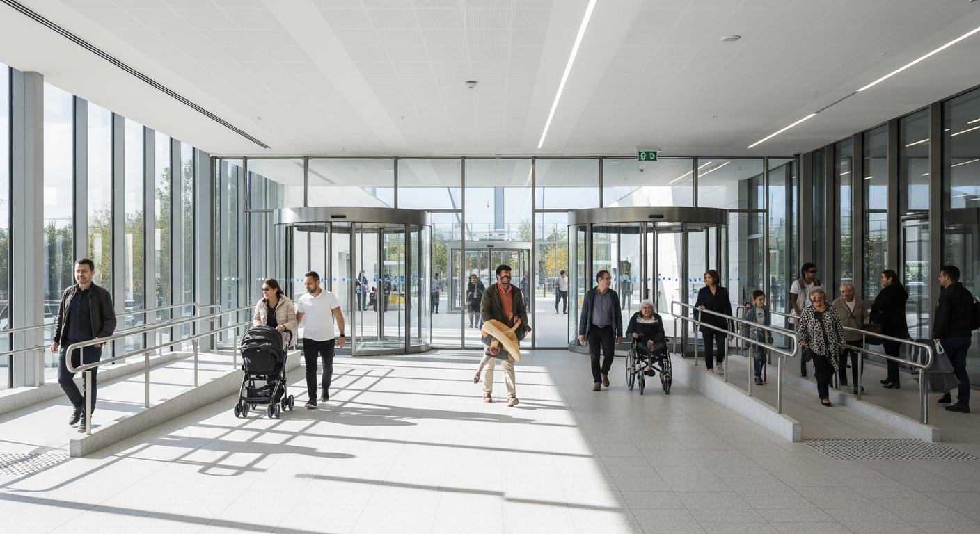 A wide-angle architectural photo of a modern public building that features seamlessly integrated accessibility ramps and wide glass entrances. The design is sleek and aesthetic, showing people with strollers, wheelchairs, and elderly individuals moving freely through the space. Bright, natural daylight, architectural photography style.
