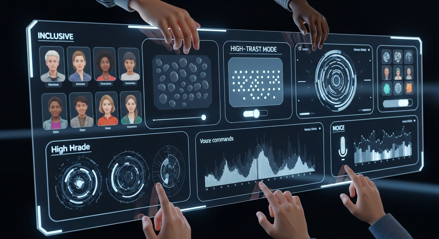 A detailed 3D render of a futuristic digital interface showing inclusive design features. The screen displays diverse avatars, Braille-friendly touch areas, high contrast mode options, and voice command visualizations. A diverse group of hands is interacting with the glowing screen in a dark tech environment, 4k, cinematic lighting.