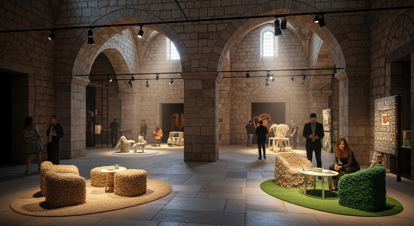 Interior view of a historical Ottoman building in Istanbul being used for the Design Biennial. The scene features futuristic, sustainable furniture made of mycelium and recycled bioplastics, contrasting with the stone walls and arches. Soft, natural light filters through high windows, illuminating visitors interacting with the exhibits.