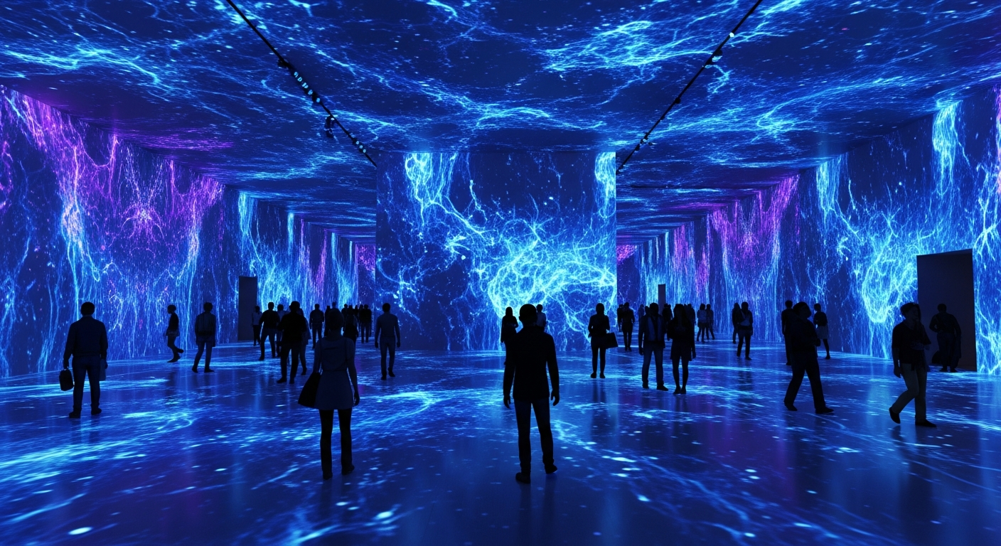 A wide-angle shot of a massive immersive art exhibition in Istanbul. Visitors are walking through a room where the walls and floor are covered in moving, fluid light projections in shades of deep blue and neon purple, representing ocean data visualization. The people appear as silhouettes against the bright, dynamic digital canvas.