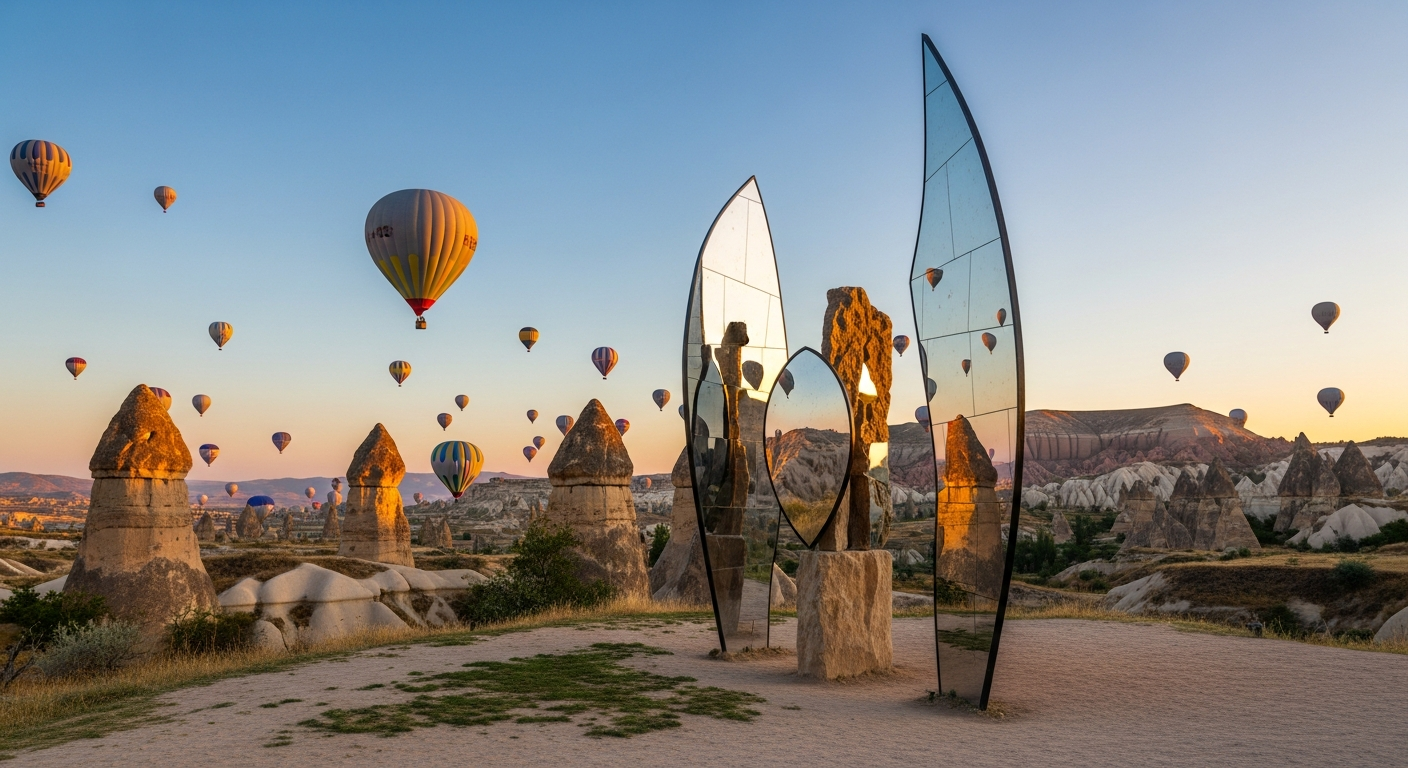 A festive scene from the Cappadocia Culture Route Festival. Hot air balloons fill the sky at sunrise. In the foreground, a large-scale contemporary land-art sculpture made of local stone and mirrors stands amidst the fairy chimneys, reflecting the balloons and the rocky landscape.