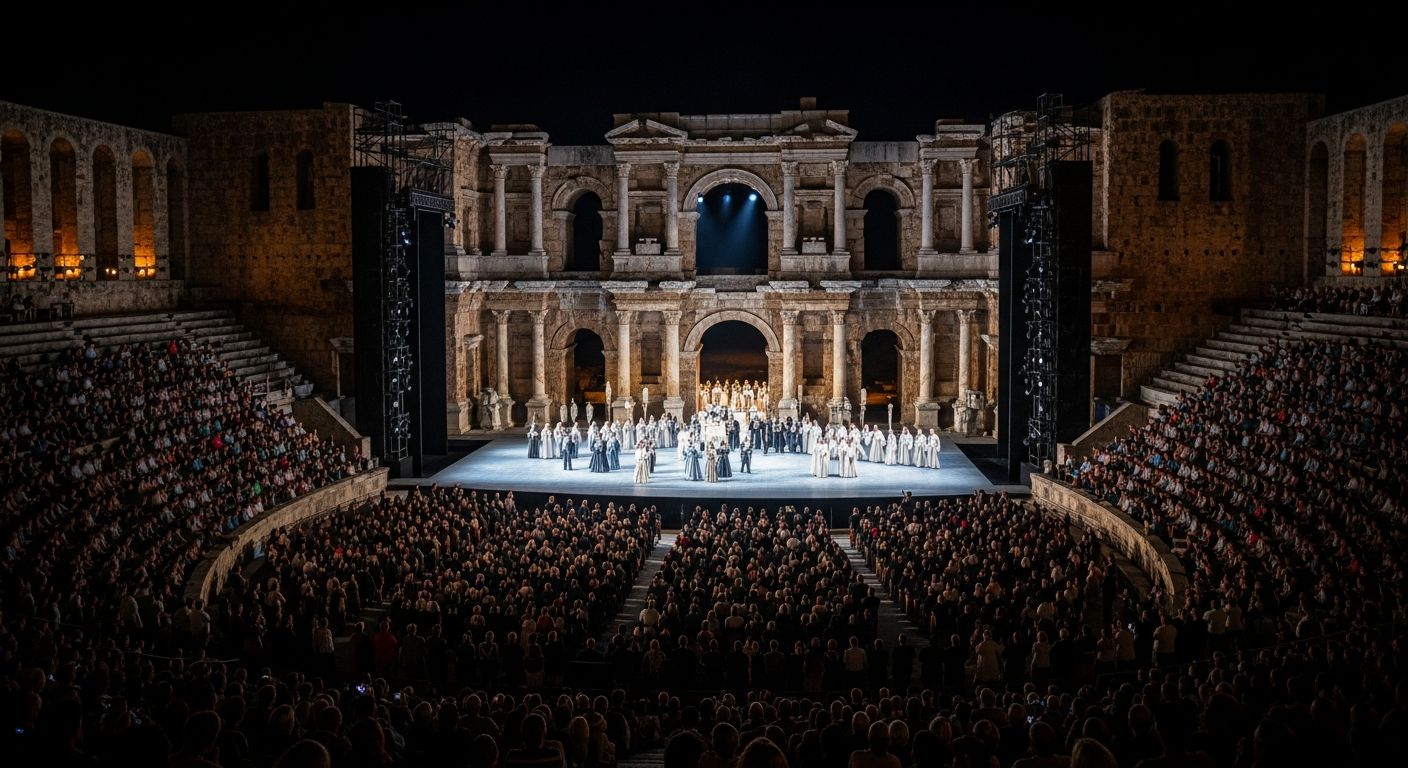Nighttime view of the ancient Aspendos Theater in Antalya, fully packed with an audience. On stage, a dramatic opera scene is being performed with elaborate costumes and theatrical lighting that highlights the ancient Roman arches in the background. The atmosphere is majestic and emotional.