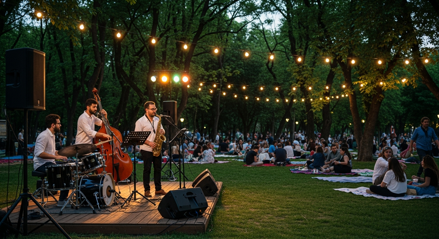 An open-air jazz festival setting in a lush green park in Istanbul (like Parkorman) during twilight. A jazz band with a double bass, saxophone, and drums is performing on a wooden stage. String lights hang from the trees above a relaxed crowd sitting on picnic blankets, enjoying the music and the summer evening.