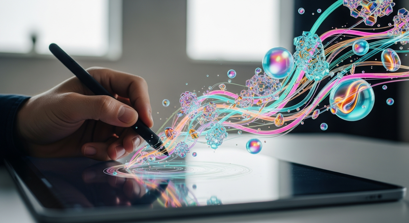 Close-up of a human artist's hand holding a digital stylus pen, drawing on a tablet. The digital drawing on the screen comes to life and flows out into the real world as 3D holographic colorful shapes and fractals. The background is a modern, clean creative studio with soft daylight.