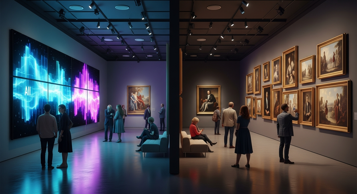 A futuristic art gallery exhibition. On one wall, there are dynamic, shifting digital canvases displaying AI art. On the opposite wall, traditional framed oil paintings hang. A diverse group of people is admiring both styles with equal interest. The atmosphere is sophisticated and contemplative, blending the old and the new.