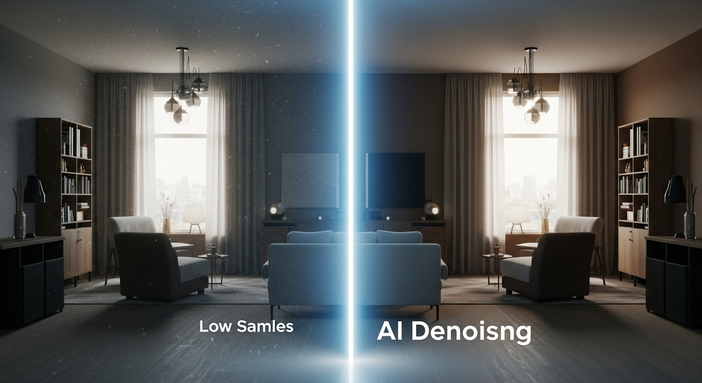 Split-screen comparison image. On the left side, a 3D interior render that looks grainy, noisy, and unfinished with low samples. On the right side, the exact same image but crystal clear, sharp, and photorealistic after AI Denoising processing. A glowing vertical scanning line moves from left to right, revealing the clean version. Digital style, informative graphic.
