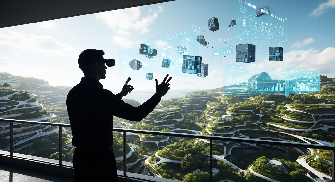 An artistic representation of the future architect. A human silhouette standing on a balcony overlooking a futuristic, sustainable city filled with greenery and organic shapes. The architect is wearing AR glasses and manipulating floating data streams and 3D building blocks with hand gestures. The sky is bright and optimistic. High tech, sci-fi atmosphere.