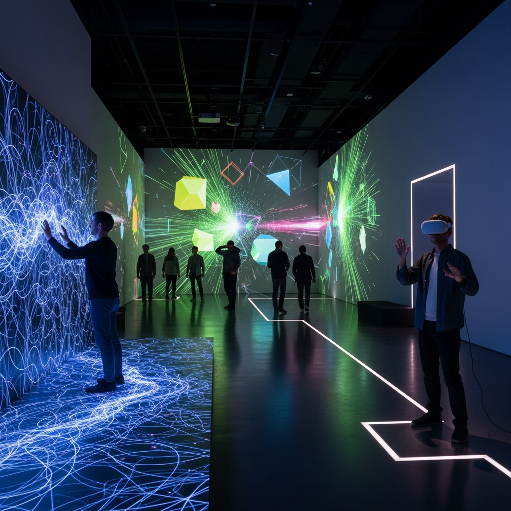 Sanal gerçeklik ve interaktif ekranlar gibi dijital teknolojilerle sanat eserleriyle etkileşim kuran ziyaretçileri gösteren modern bir sanat galerisi.
