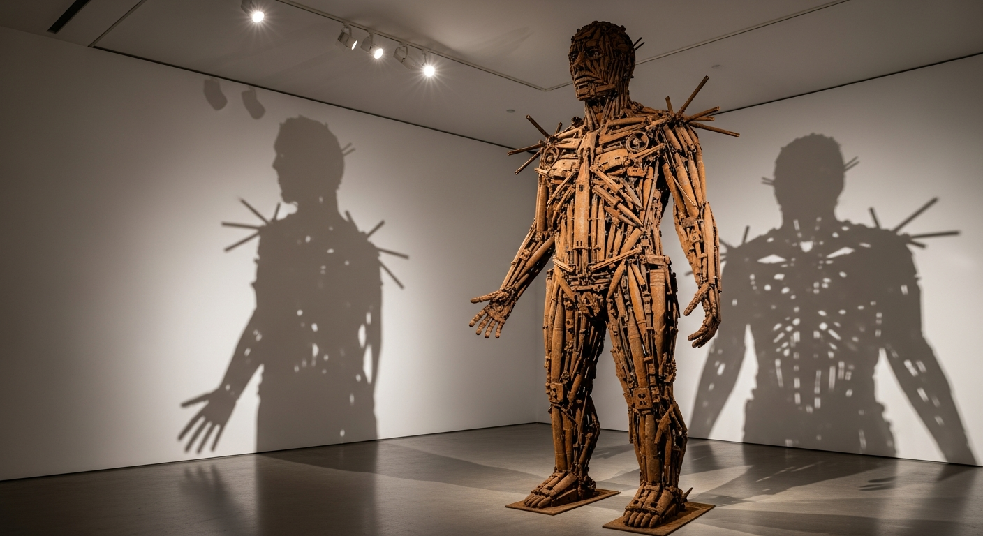A contemporary art gallery interior displaying a large, intricate sculpture of a human figure made entirely from rusted, reclaimed artillery shells, drones, and shrapnel, softly illuminated by gallery spotlights, casting long dramatic shadows on the white walls, thought-provoking atmosphere, high detail.