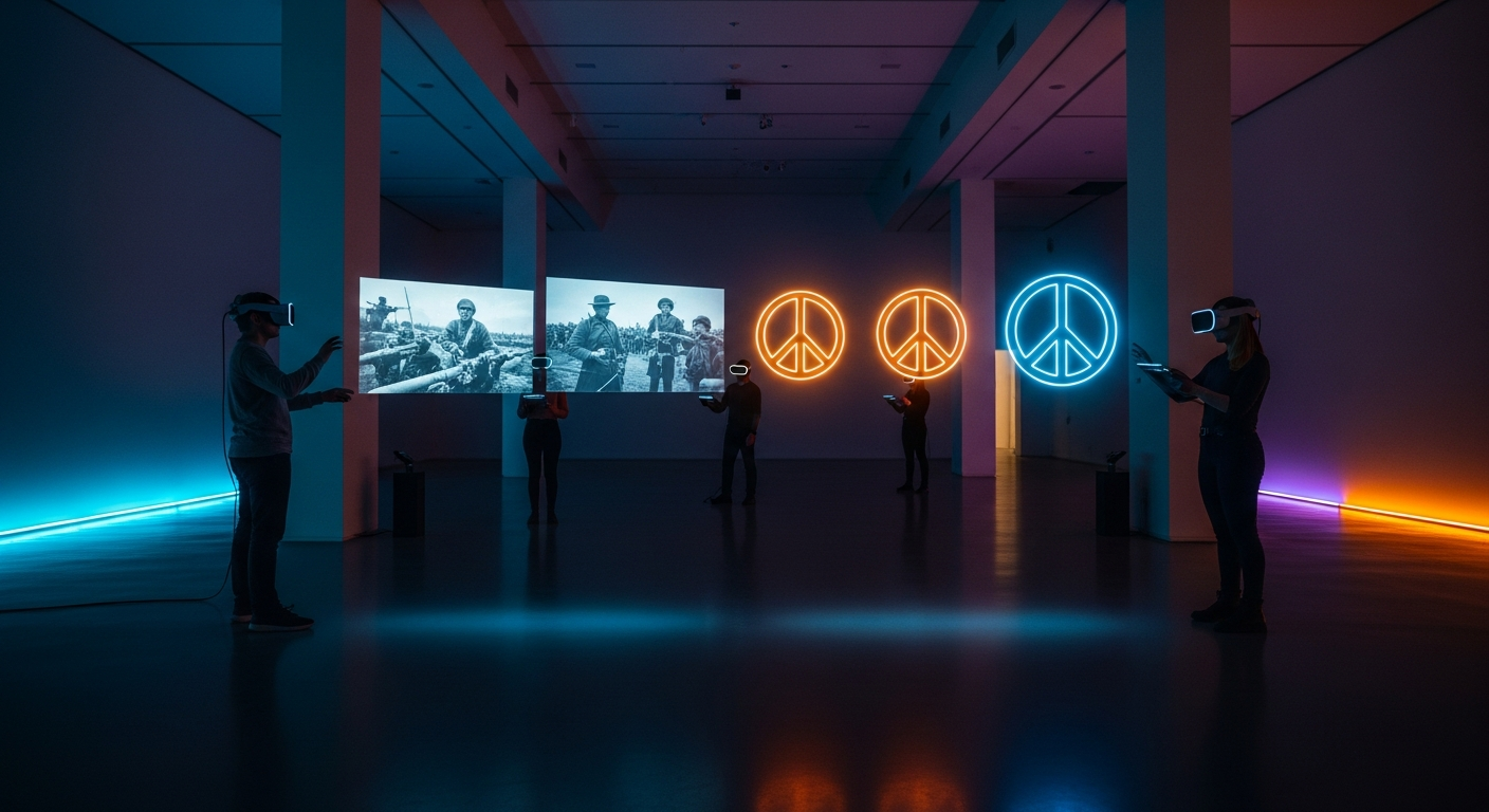 People wearing sleek futuristic VR headsets standing in a dark, minimalist museum hall, interacting with floating holographic projections of historical war photography turning into abstract glowing orange and blue peace symbols, neon lighting, cyberpunk aesthetic meets fine art.