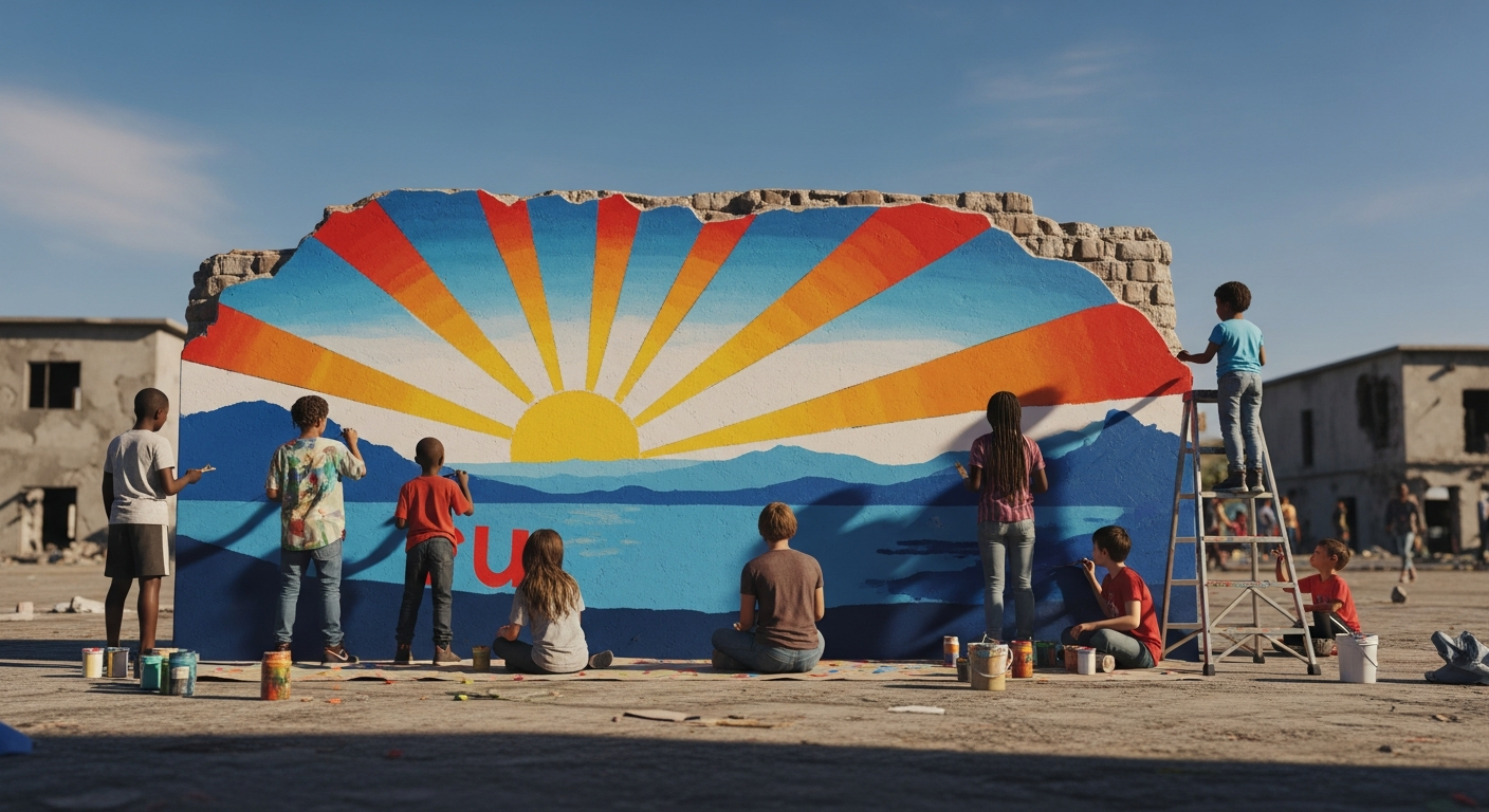 A wide shot of a community mural being painted on a large surviving wall in a recovering city, diverse children and local artists working together using bright, vibrant colors to paint a sunrise over a peaceful landscape, hopeful and inspiring mood, clear blue sky above, photorealistic, cinematic lighting.